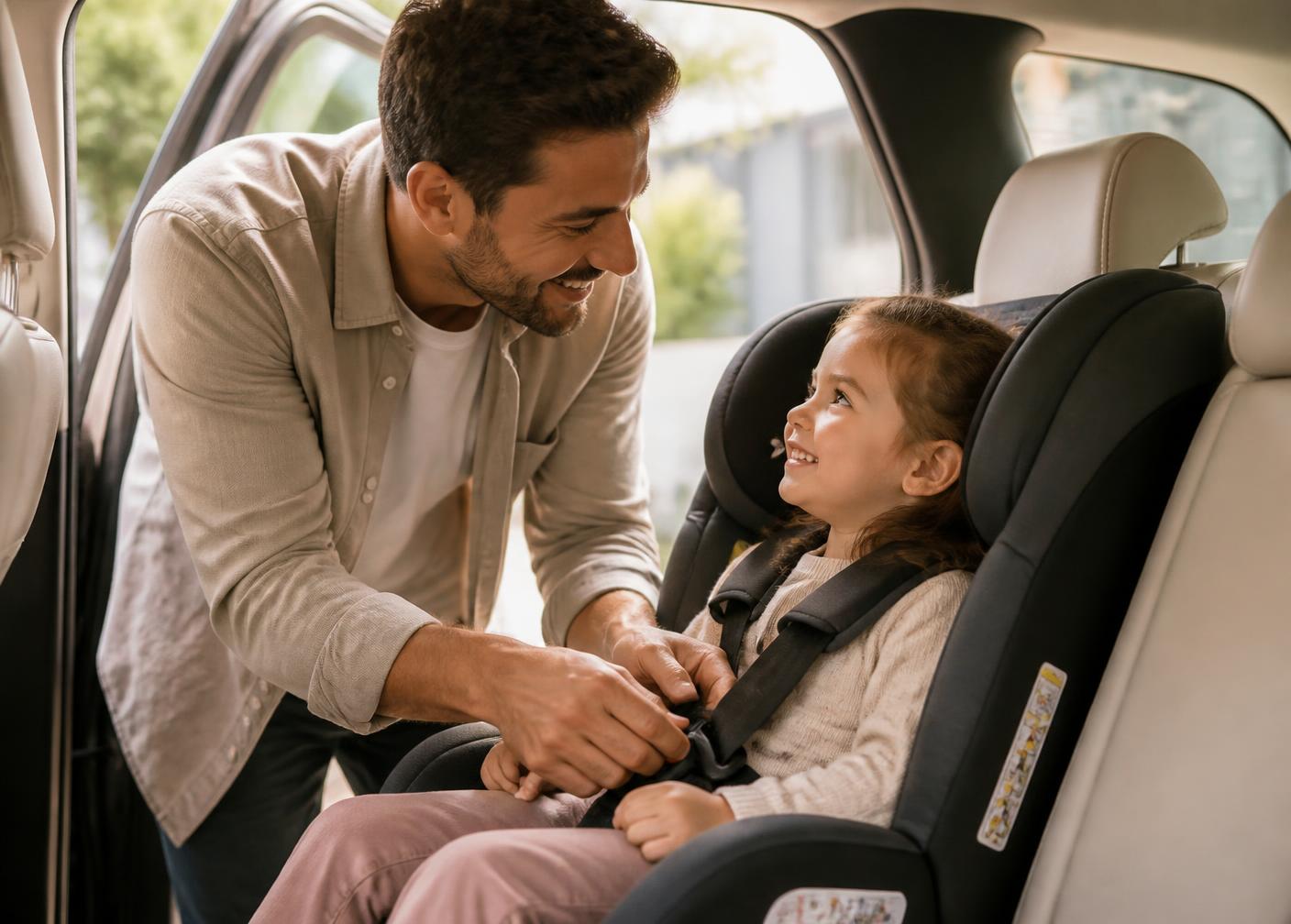 Parent securing a child in a car seat